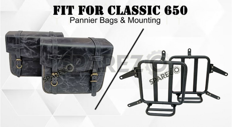 For Royal Enfield Classic 650 Genuine Leather Pannier Bags Black Grey With Mounting - SPAREZO